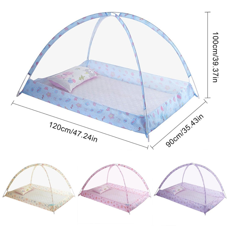 Children’s baby dome mosquito net, mesh canopy with pastel patterned mat and frame sizes shown
