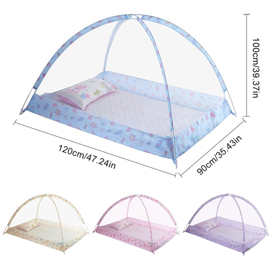 Children’s baby dome mosquito net, mesh canopy with pastel patterned mat and frame sizes shown