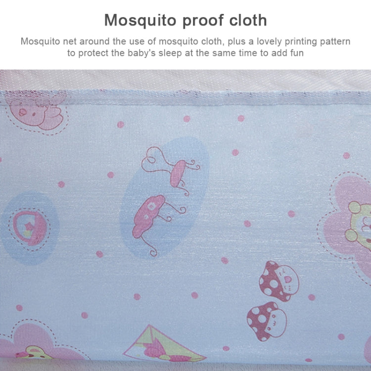 Children’s baby dome mosquito net fabric close-up with pastel animal pattern