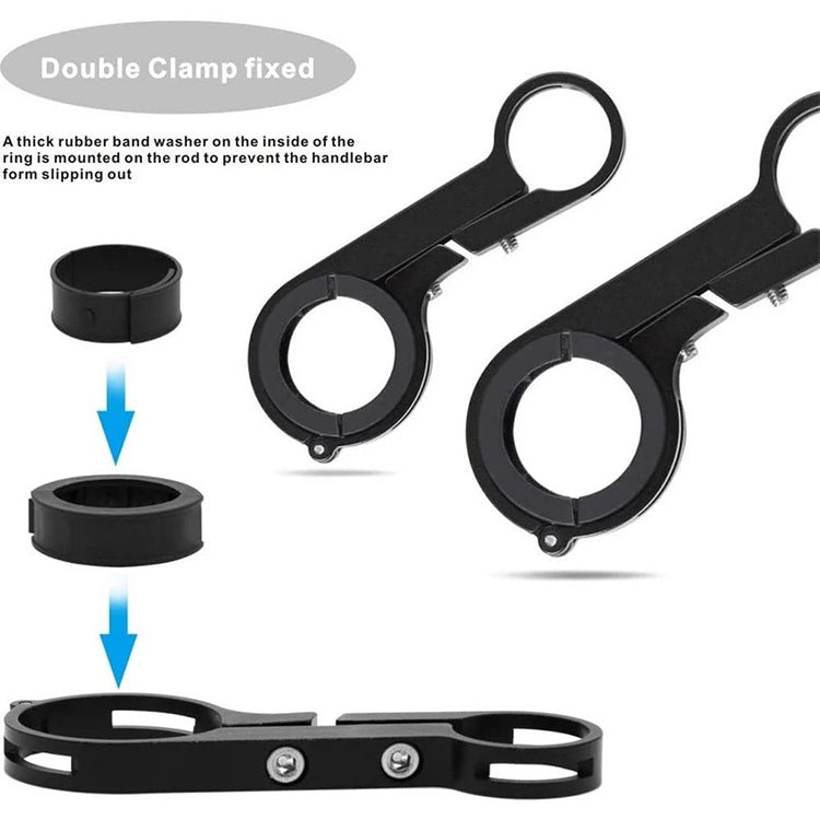 Black double-clamp handlebar mount with circular rubber-lined rings to prevent slip