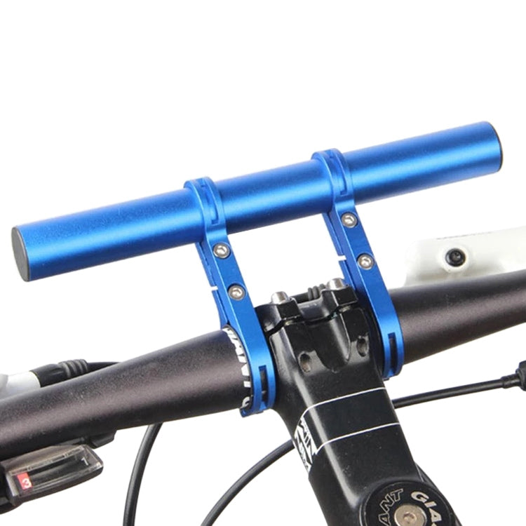 Blue handlebar flashlight mount bracket with double clamp on bike bar