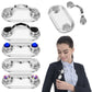 Silver magnetic glasses holders with blue and rainbow gem accents, shown on-lapel