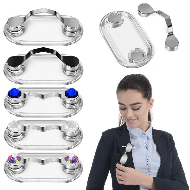 Silver magnetic glasses holders with blue and rainbow gem accents, shown on-lapel