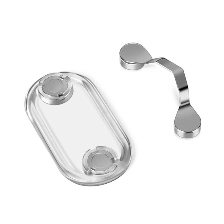 Clear oval magnetic glasses holder with two silver metal tabs and circular base