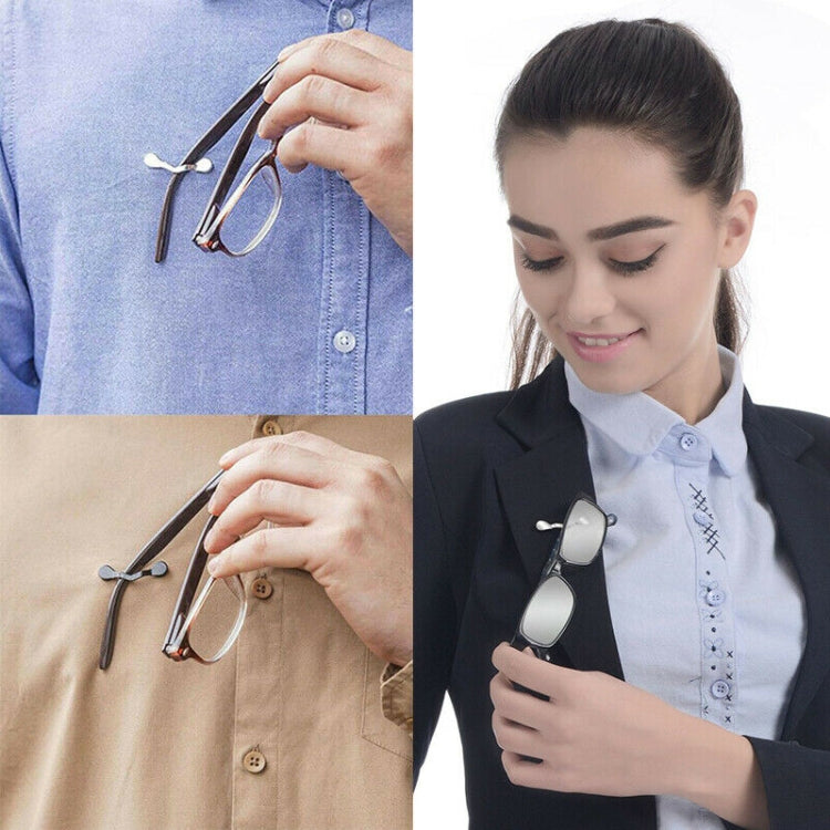 Magnetic glasses holder clipped to black blazer lapel on a woman holding eyeglasses