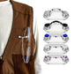 Transparent magnetic glasses holder clipped to brown jacket with eyeglasses