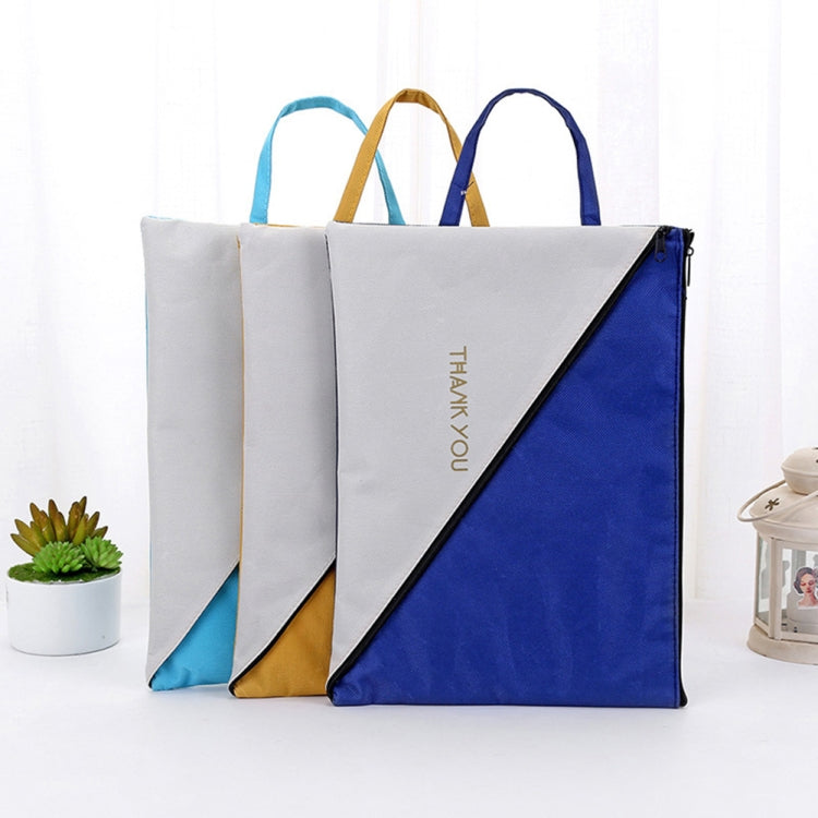 Double-layer canvas document tote organizer bag with zip, set in white, tan, and navy