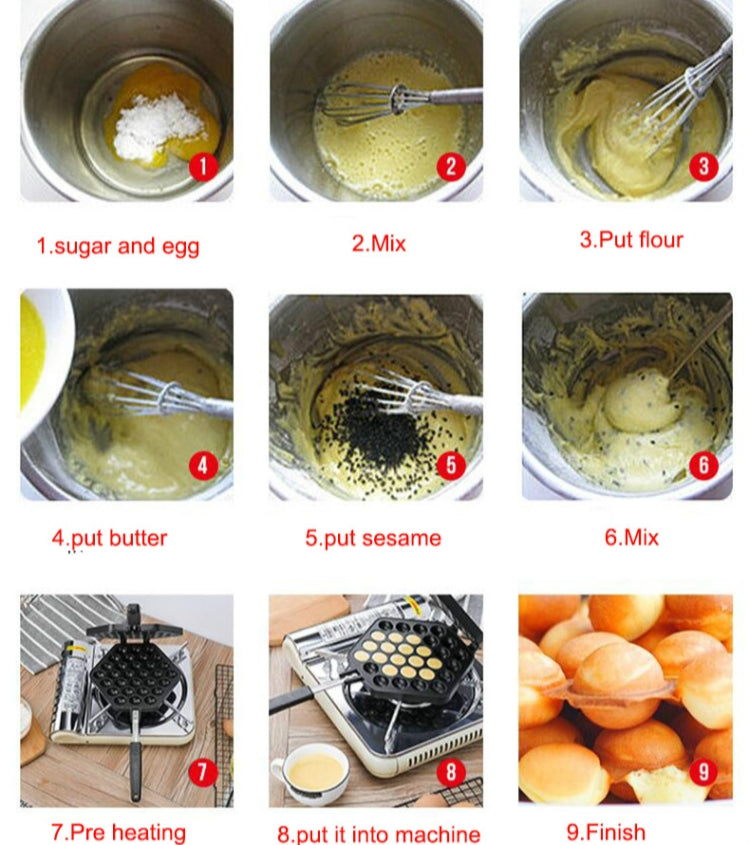 Non-stick egg puff maker steps showing whisking batter and preparing the mold