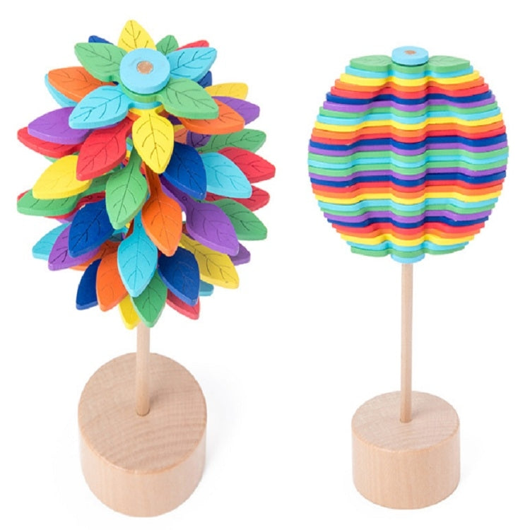 Leaf-themed colorful lollipop and rainbow striped lollipop decompression toys on wooden bases