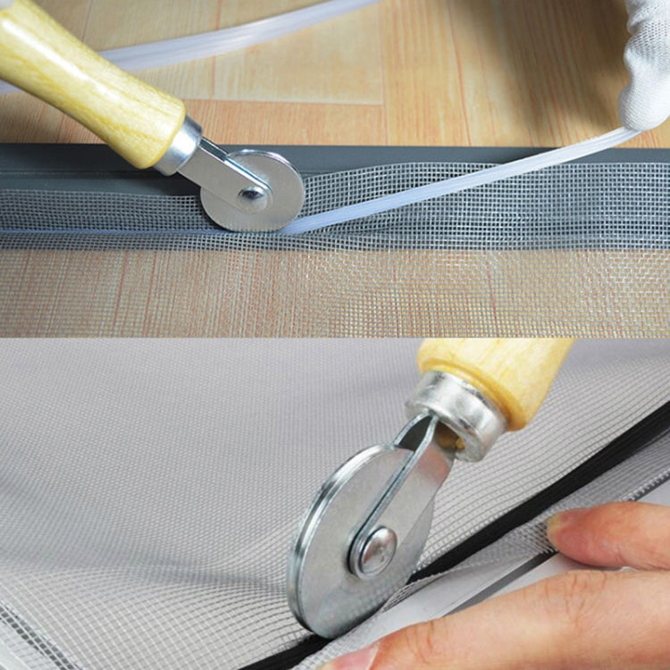 Window spline roller tool with wooden handle and metal wheel for gauze mesh installation