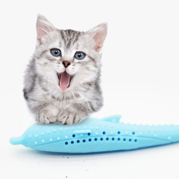 Blue silicone dolphin cat teeth cleaning toy, perforated grip dots on back