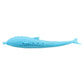 Blue silicone dolphin cat toy with perforated dot texture, side view