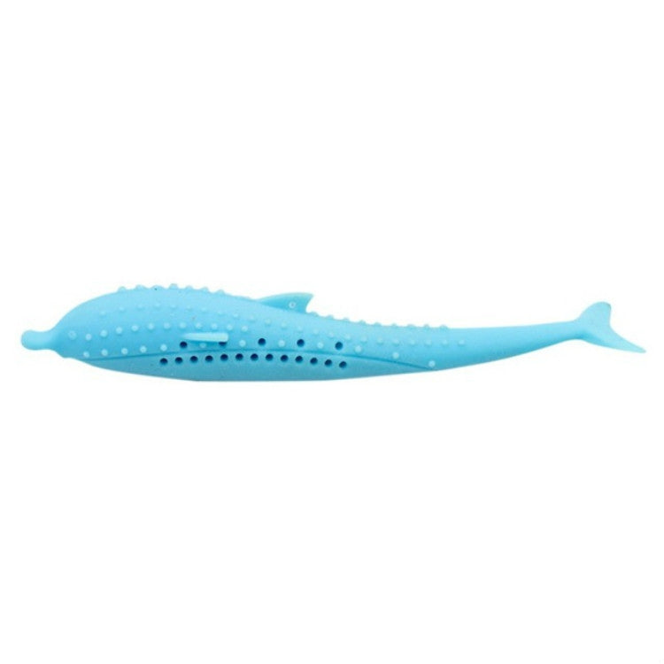 Blue silicone dolphin cat toy with perforated dot texture, side view