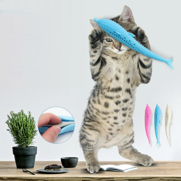 Blue silicone dolphin cat teeth cleaning toy held on paw, perforated dot rows