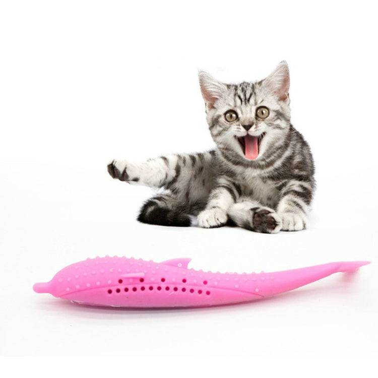 Pink silicone dolphin cat teeth cleaning toy with perforated dot texture