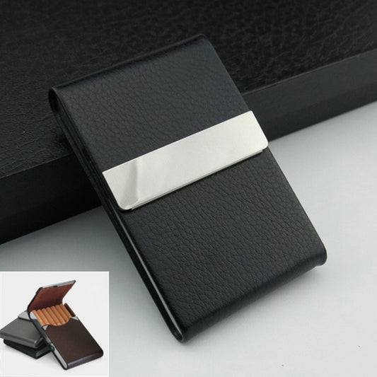 Black slim cigarette case with textured finish and white front band