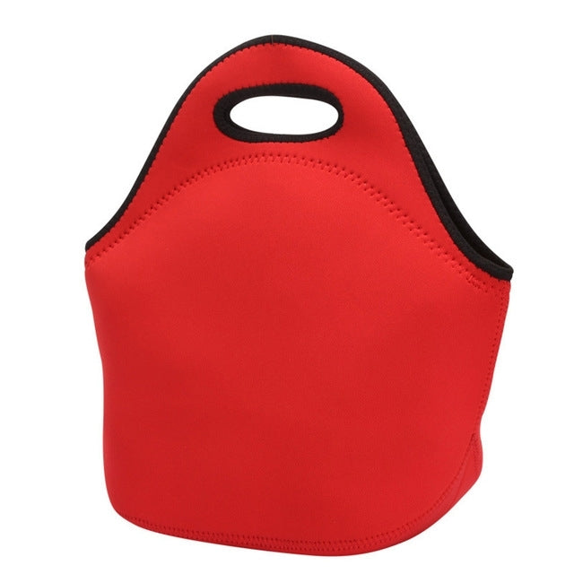 Red neoprene lunch bag with oval carry handle cutout and black trim