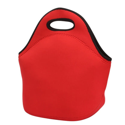 Red neoprene lunch bag with oval carry handle cutout and black trim