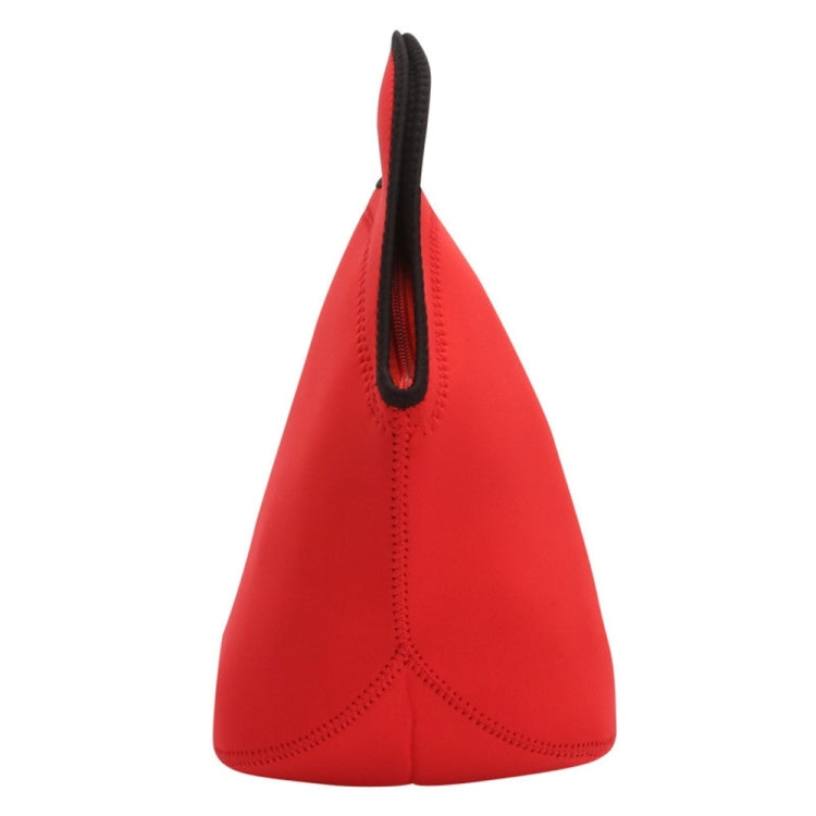 Red neoprene lunch bag side view with black zipper and top loop handle