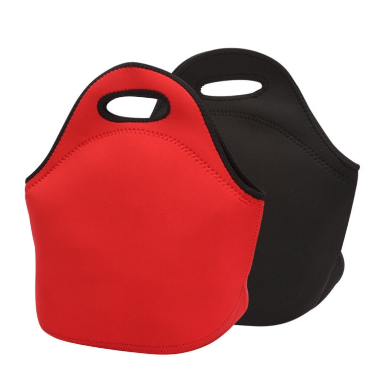 Red and black neoprene lunch bags set, each with oval carry handle cutout