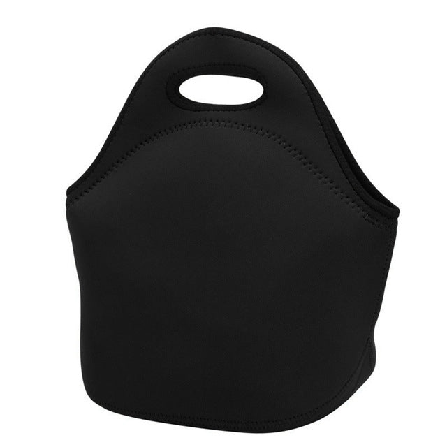 Black neoprene lunch bag with oval carry handle cutout and stitched seams