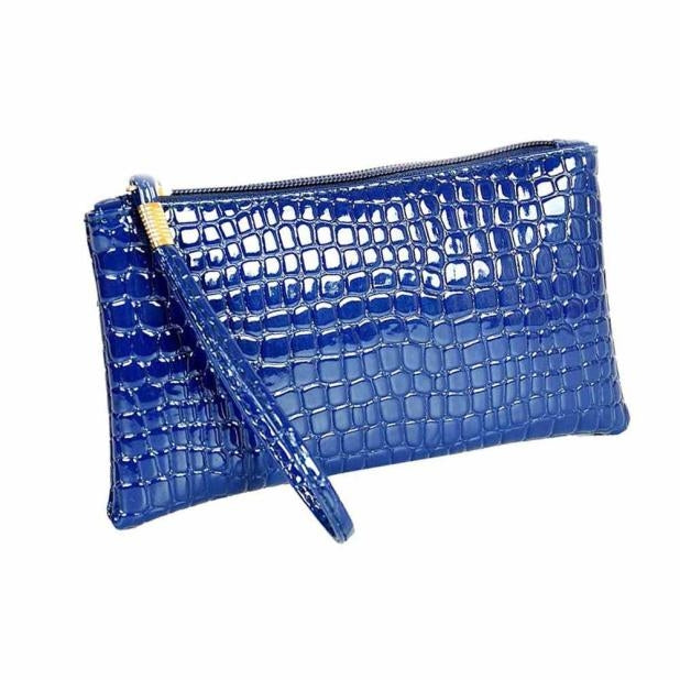 Blue crocodile-pattern ladies clutch wallet with wrist strap and zip closure