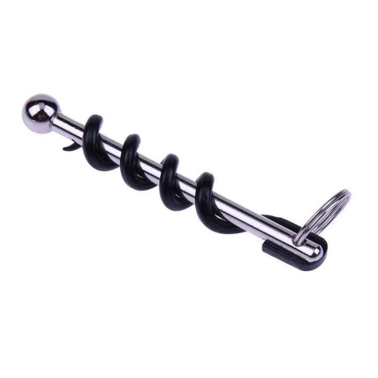 Pocket corkscrew key ring with black spiral auger and silver metal shaft