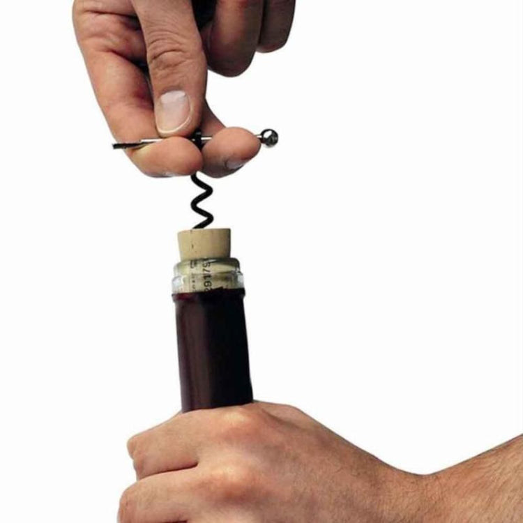 Corkscrew key ring removing a wine bottle cork, black spiral and metal shaft
