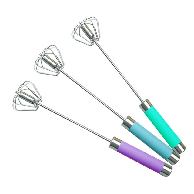 Set of rotary egg beaters with stainless wire beaters and colored handles