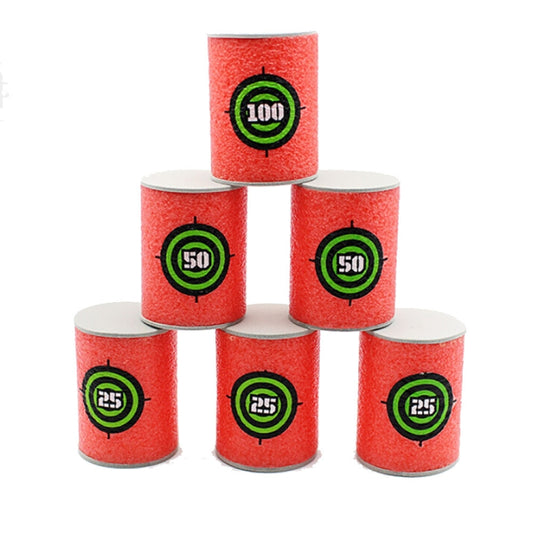 Red EVA target cylinders arranged in a pyramid, with score rings 25, 50, and 100.