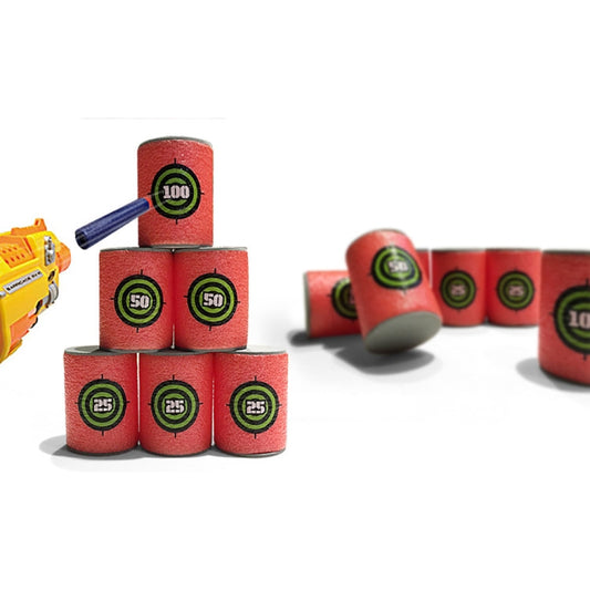 Red EVA foam shooting targets stacked, with score rings 25, 50, and 100.