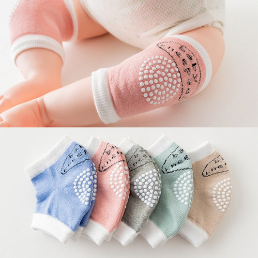 Cotton baby knee pads with non-slip dotted grips; shows close-up and mixed colors