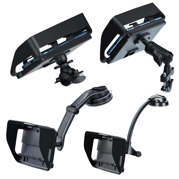 Set of universal car phone bracket mounts: sun visor, dash, and gooseneck types, black