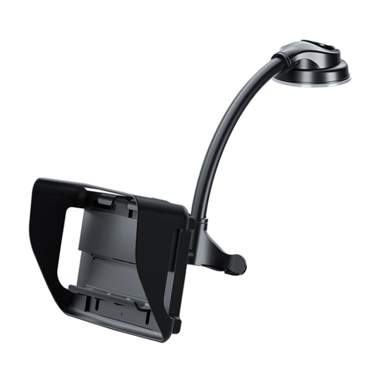 Black dash-mounted phone holder bracket with curved arm and suction base