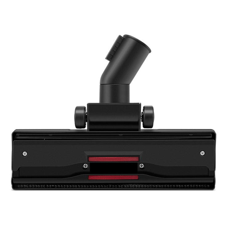 Black floor vacuum brush head with central red strip and side wheels