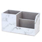 White marble-pattern desk pen organizer box with two open compartments and grey lining.