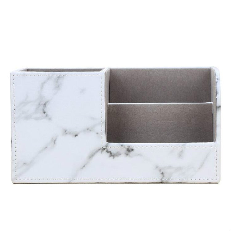 Marble-pattern pen holder storage box with two side compartments and inner divider tray.