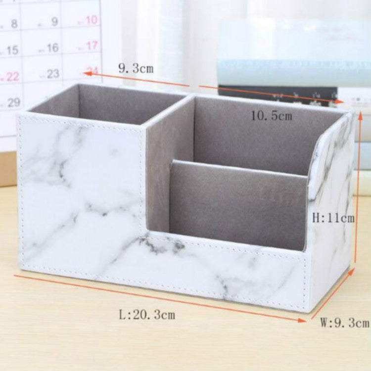 Marble-pattern pen holder storage box with dimensions, grey interior compartments.