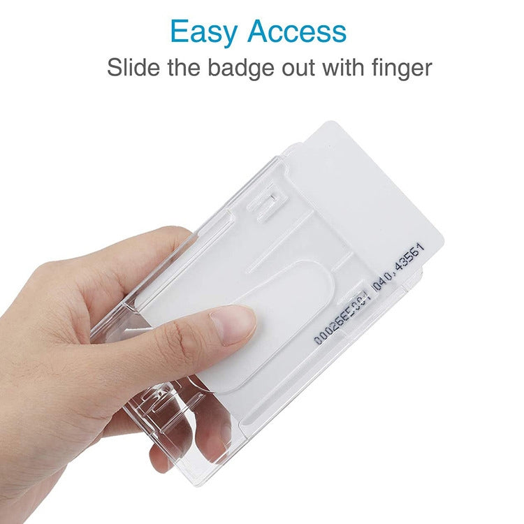 Vertical ID badge holder with easy slide-out access using a finger pull notch