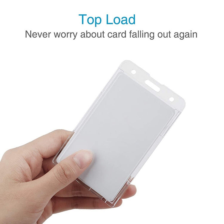 Top-load clear vertical ID badge holder with snap-open card insertion, double-sided