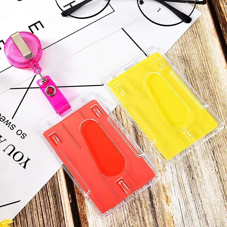 Colorful clear badge card holders in red, yellow, and pink with lanyard accessory
