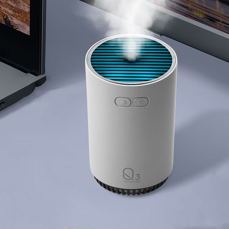 Gray mini humidifier with top vent and control buttons, portable USB rechargeable design.