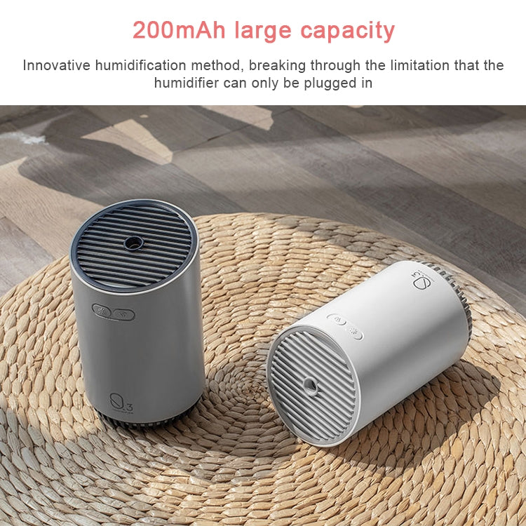Gray mini humidifier pair on woven mat, top vent and side control icons visible.