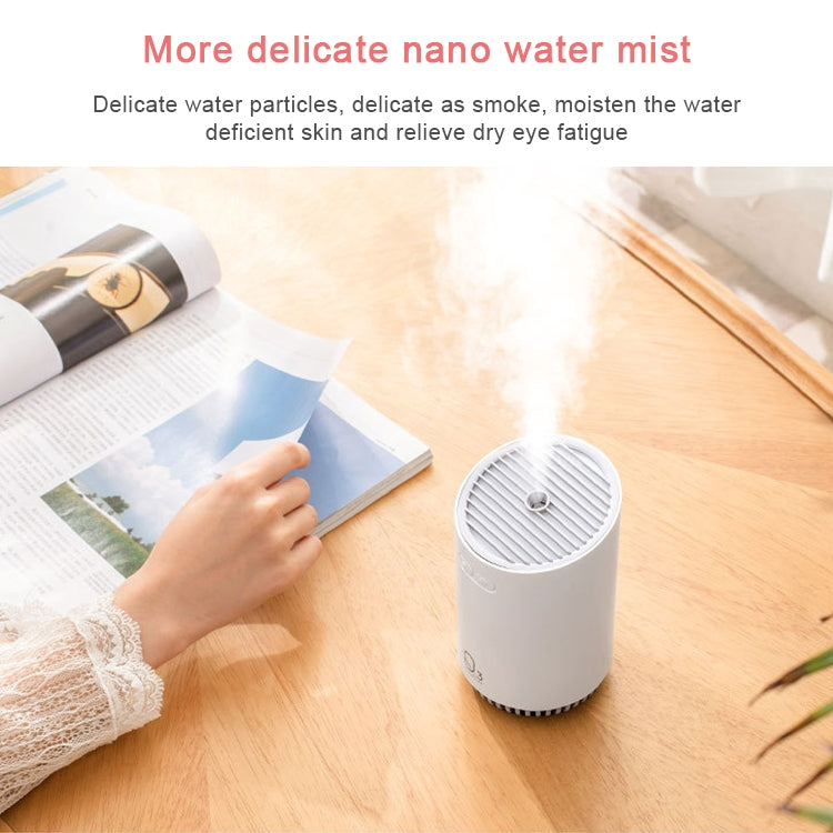 Gray mini humidifier releasing fine mist from the top vent, compact portable design.