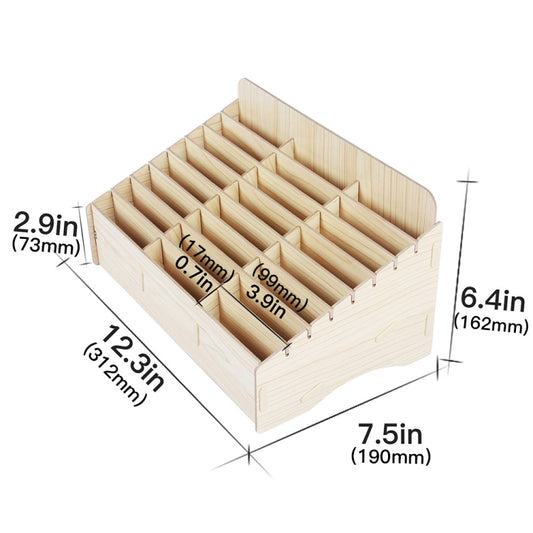 Light wood 24-cell phone storage organizer box with open grid compartments and side panels