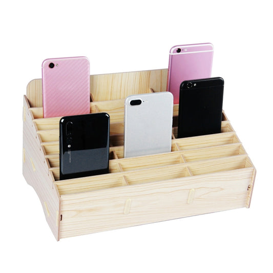 Light wood 24-slot desktop phone organizer box with open compartments for multiple devices