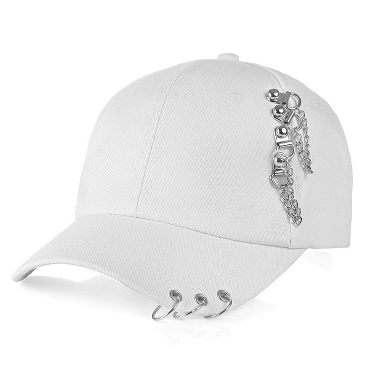 White adjustable baseball cap with silver chain hoop decoration on the side