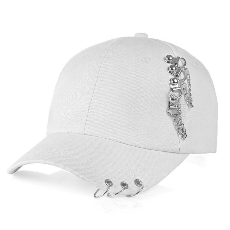 White adjustable baseball cap with silver chain hoop decoration on the side