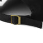 Black adjustable cap strap with gold buckle closure, small eyelets visible