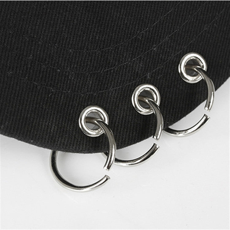 Black baseball cap brim with silver D-ring eyelets and grommet accents